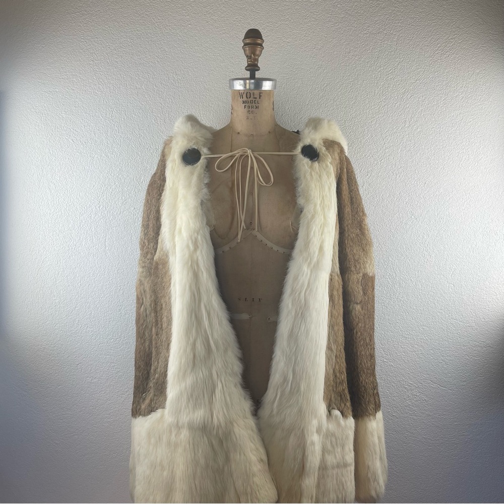 Vintage l 60s Mod Hippie Festival Two-Tone Rabbit Fur Pocket Hooded Cape Poncho
